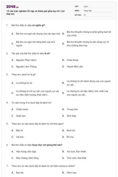 15 câu trắc nghiệm Ôn tập và đánh giá giữa học kì I (có đáp án)