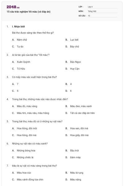15 câu trắc nghiệm Vẽ màu (có đáp án)