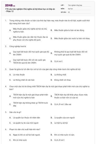 770 câu trắc nghiệm Chủ nghĩa xã hội khoa học có đáp án - Phần 12