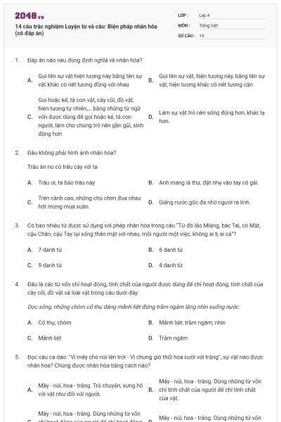14 câu trắc nghiệm Luyện từ và câu: Biện pháp nhân hóa (có đáp án)