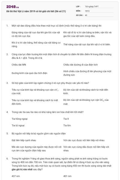 Đề thi thử Vật Lí năm 2019 có lời giải chi tiết (Đề số 21)