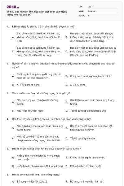 15 câu trắc nghiệm Tìm hiểu cách viết đoạn văn tưởng tượng hóa (có đáp án)