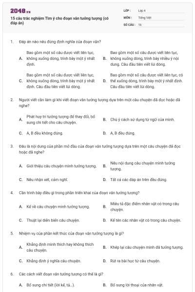 15 câu trắc nghiệm Tìm ý cho đoạn văn tưởng tượng (có đáp án)