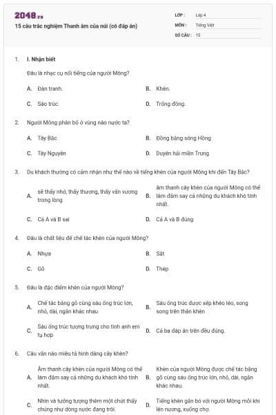 15 câu trắc nghiệm Thanh âm của núi (có đáp án)