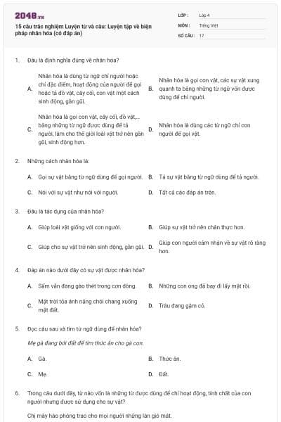 15 câu trắc nghiệm Luyện từ và câu: Luyện tập về biện pháp nhân hóa (có đáp án)