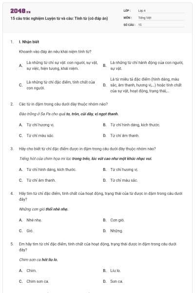 15 câu trắc nghiệm Luyện từ và câu: Tính từ (có đáp án)
