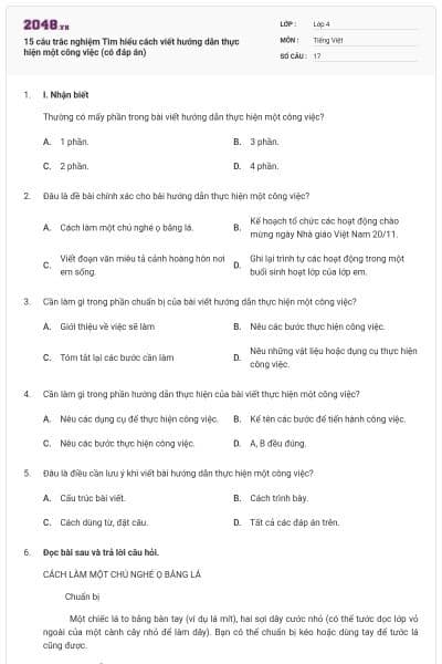 15 câu trắc nghiệm Tìm hiểu cách viết hướng dẫn thực hiện một công việc (có đáp án)