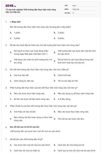 15 câu trắc nghiệm Viết hướng dẫn thực hiện một công việc (có đáp án)