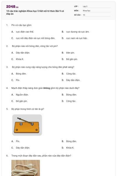 10 câu trắc nghiệm Khoa học 5 Kết nối tri thức Bài 9 có đáp án