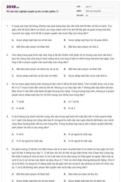 93 câu trắc nghiệm quyền tự do cơ bản (phần 1)