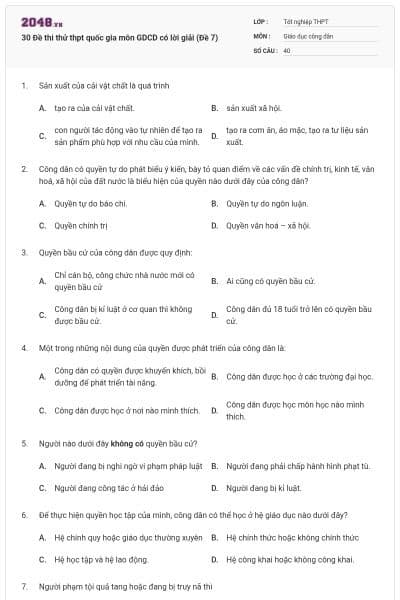 30 Đề thi thử thpt quốc gia môn GDCD có lời giải (Đề 7)