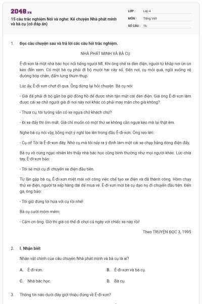 15 câu trắc nghiệm Nói và nghe: Kể chuyện Nhà phát minh và bà cụ (có đáp án)