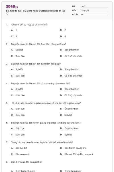 Bộ 3 đề thi cuối kì 2 Công nghệ 6 Cánh diều có đáp án (Đề 1)
