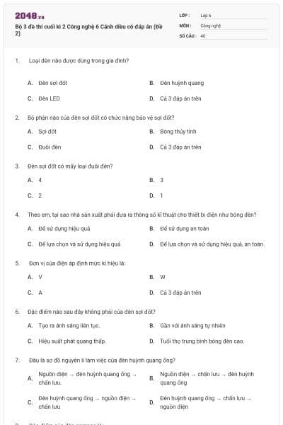 Bộ 3 đề thi cuối kì 2 Công nghệ 6 Cánh diều có đáp án (Đề 2)