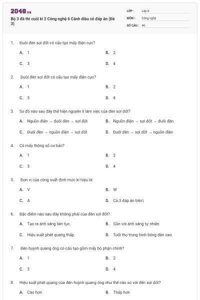 Bộ 3 đề thi cuối kì 2 Công nghệ 6 Cánh diều có đáp án (Đề 3)