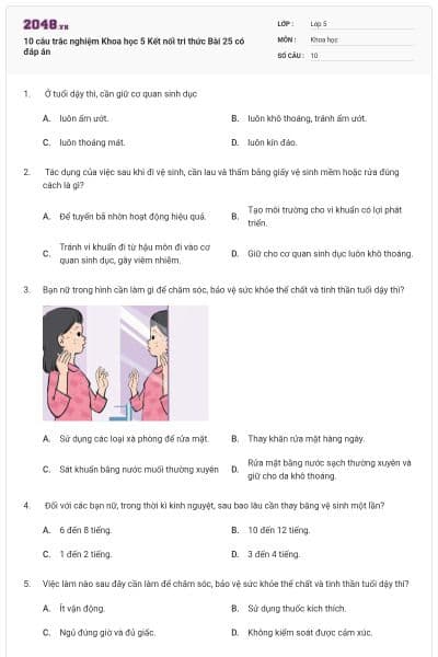 10 câu trắc nghiệm Khoa học 5 Kết nối tri thức Bài 25 có đáp án