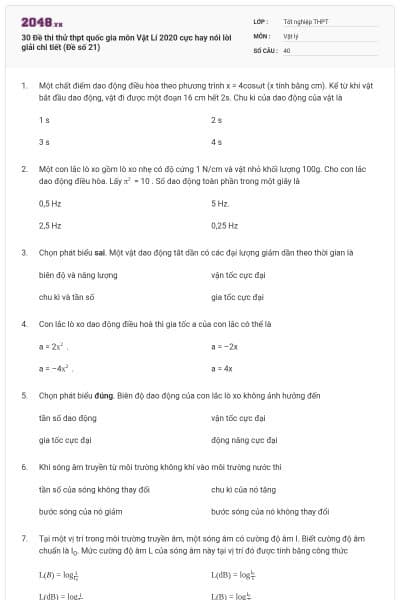 30 Đề thi thử thpt quốc gia môn Vật Lí 2020 cực hay nói lời giải chi tiết (Đề số 21)