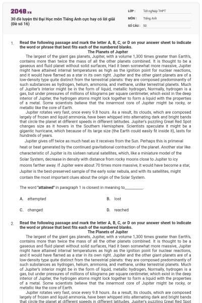 30 đề luyện thi Đại Học môn Tiếng Anh cực hay có lời giải (Đề số 16)