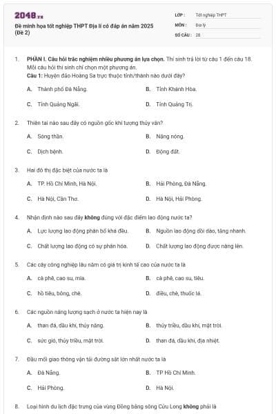 Đề minh họa tốt nghiệp THPT Địa lí có đáp án năm 2025 (Đề 2)