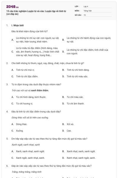 15 câu trắc nghiệm Luyện từ và câu: Luyện tập về tính từ (có đáp án)