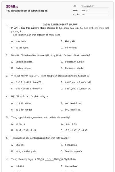 100 bài tập Nitrogen và sulfur có đáp án