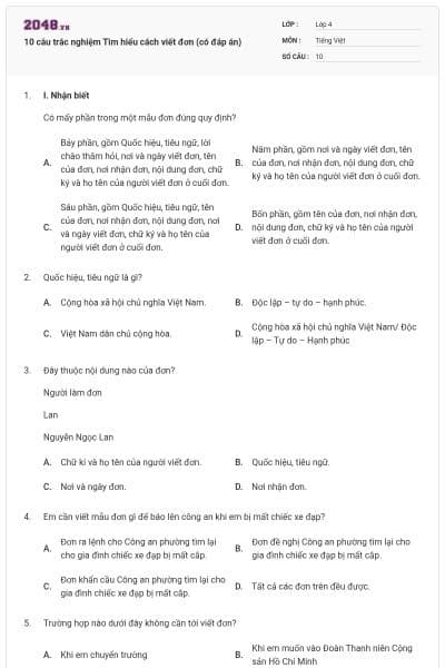 10 câu trắc nghiệm Tìm hiểu cách viết đơn (có đáp án)