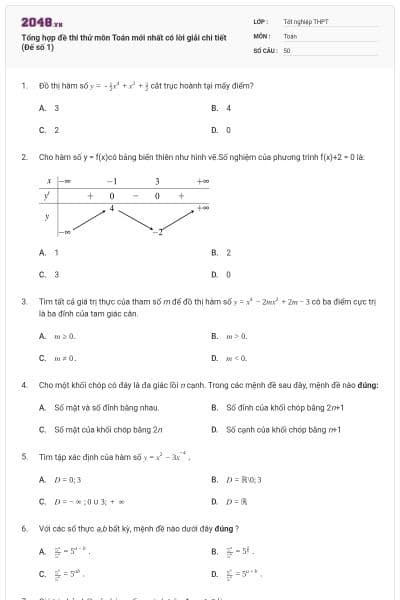 Tổng hợp đề thi thử môn Toán mới nhất có lời giải chi tiết (Đế số 1)