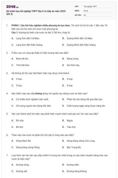 Đề minh họa tốt nghiệp THPT Địa lí có đáp án năm 2025 (Đề 3)
