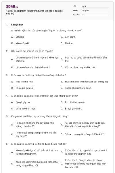 15 câu trắc nghiệm Người tìm đường lên các vì sao (có đáp án)