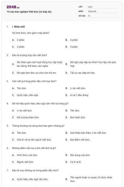 14 câu trắc nghiệm Viết đơn (có đáp án)