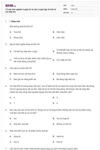 15 câu trắc nghiệm Luyện từ và câu: Luyện tập về tính từ (có đáp án)