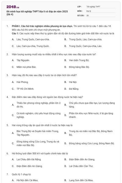Đề minh họa tốt nghiệp THPT Địa lí có đáp án năm 2025 (Đề 4)