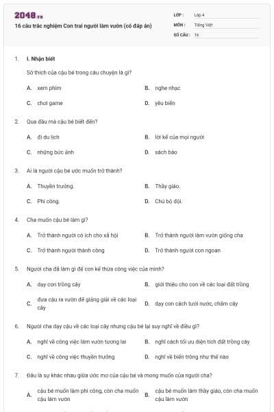 16 câu trắc nghiệm Con trai người làm vườn (có đáp án)