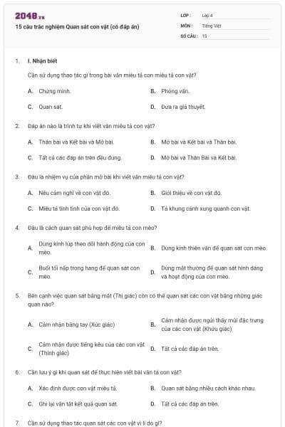15 câu trắc nghiệm Quan sát con vật (có đáp án)