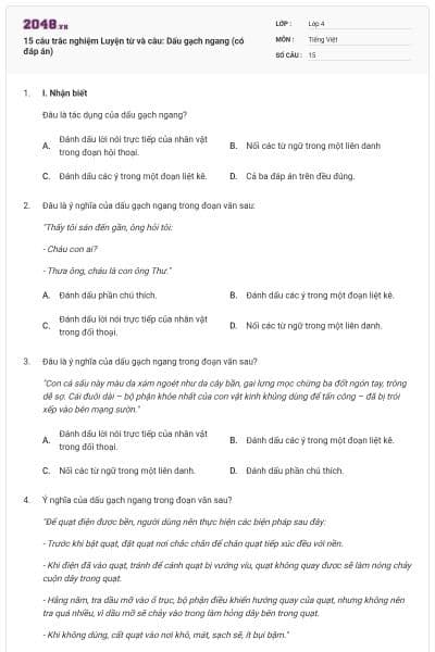 15 câu trắc nghiệm Luyện từ và câu: Dấu gạch ngang (có đáp án)