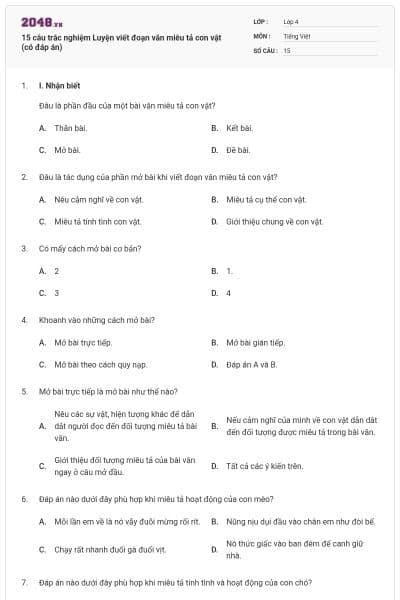 15 câu trắc nghiệm Luyện viết đoạn văn miêu tả con vật (có đáp án)