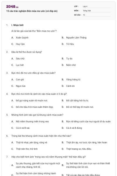 15 câu trắc nghiệm Bốn mùa mơ ước (có đáp án)