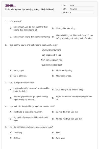 5 câu trắc nghiệm Đọc mở rộng (trang 124) (có đáp án)
