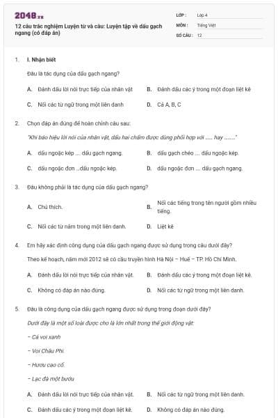 12 câu trắc nghiệm Luyện từ và câu: Luyện tập về dấu gạch ngang (có đáp án)
