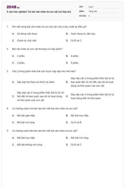 5 câu trắc nghiệm Trả bài văn miêu tả con vật (có đáp án)