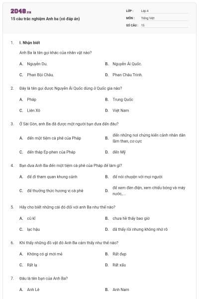 15 câu trắc nghiệm Anh ba (có đáp án)