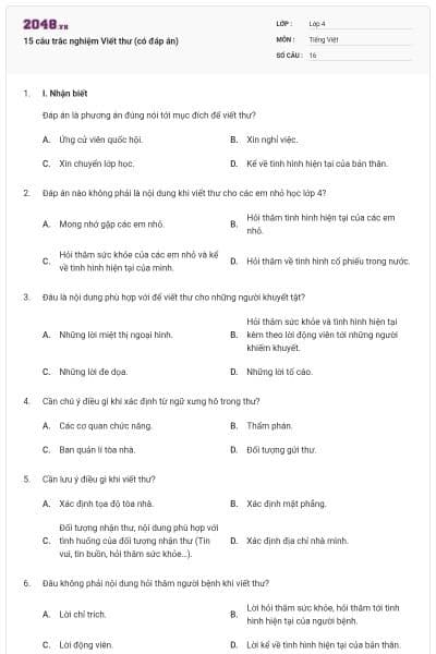15 câu trắc nghiệm Viết thư (có đáp án)