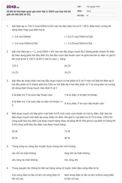 30 Đề thi thử thpt quốc gia môn Vật Lí 2020 cực hay nói lời giải chi tiết (Đề số 22)