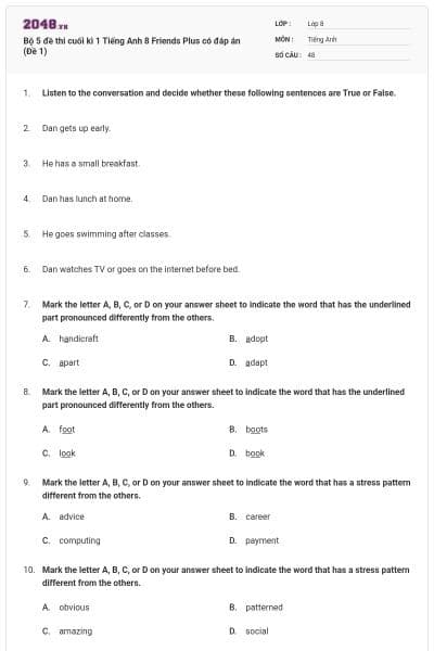 Bộ 5 đề thi cuối kì 1 Tiếng Anh 8 Friends Plus có đáp án (Đề 1)