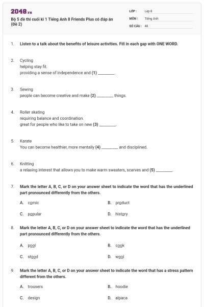 Bộ 5 đề thi cuối kì 1 Tiếng Anh 8 Friends Plus có đáp án (Đề 2)
