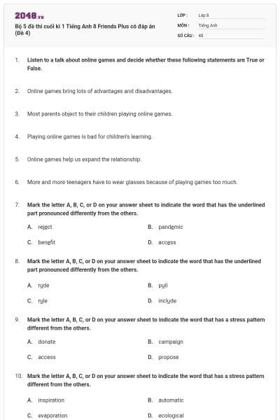 Bộ 5 đề thi cuối kì 1 Tiếng Anh 8 Friends Plus có đáp án (Đề 4)