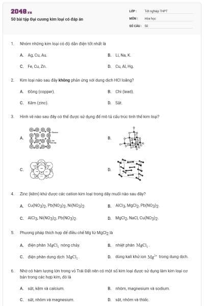 50 bài tập Đại cương kim loại có đáp án