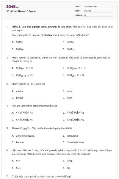 50 bài tập Alkane có đáp án