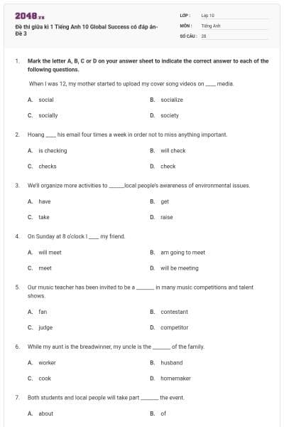 Đề thi giữa kì 1 Tiếng Anh 10 Global Success có đáp án- Đề 3