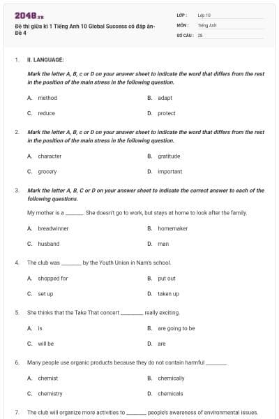 Đề thi giữa kì 1 Tiếng Anh 10 Global Success có đáp án- Đề 4